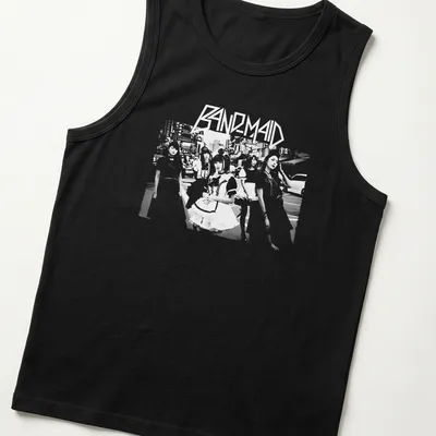 Monochrome silhouette t-shirt featuring the text Band Maid in an urban scene. — printed on a tank top