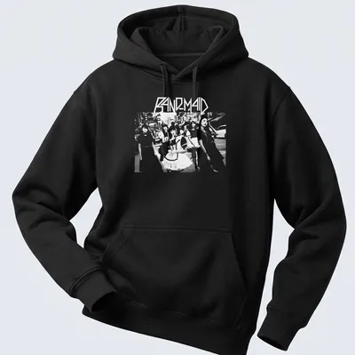 Monochrome silhouette t-shirt featuring the text Band Maid in an urban scene. — printed on a unisex hoodie