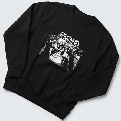 Monochrome silhouette t-shirt featuring the text Band Maid in an urban scene. — printed on a unisex sweatshirt