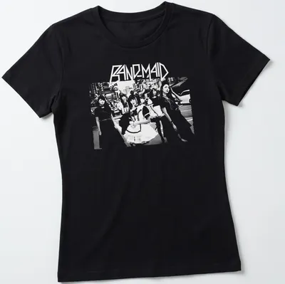 Monochrome silhouette t-shirt featuring the text Band Maid in an urban scene. — printed on a women's shirt