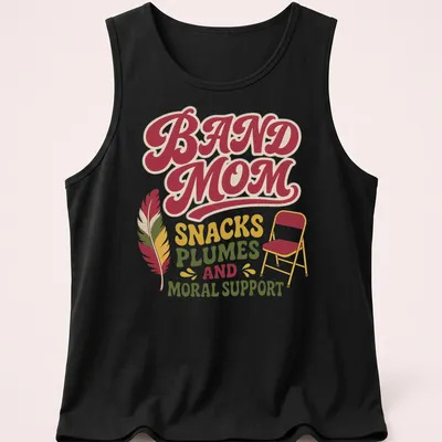 Retro Band Mom t-shirt featuring playful text with chair and feather graphics — printed on a tank top