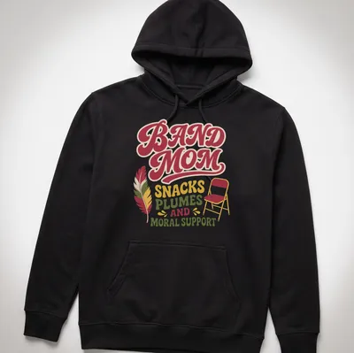 Retro Band Mom t-shirt featuring playful text with chair and feather graphics — printed on a unisex hoodie