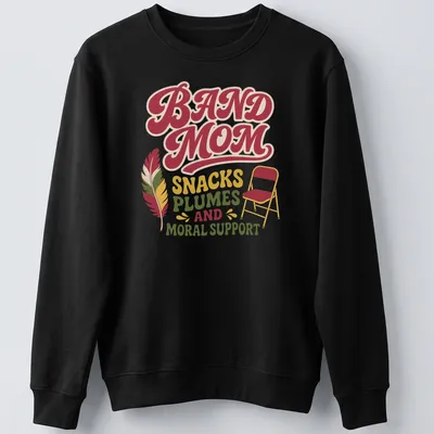 Retro Band Mom t-shirt featuring playful text with chair and feather graphics — printed on a unisex sweatshirt