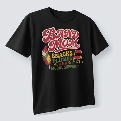 Retro Band Mom t-shirt featuring playful text with chair and feather graphics — printed on a unisex t-shirt (angled view)