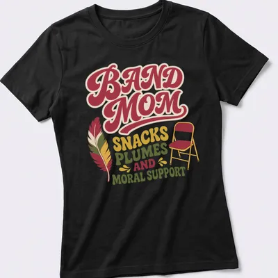 Retro Band Mom t-shirt featuring playful text with chair and feather graphics — printed on a women's shirt