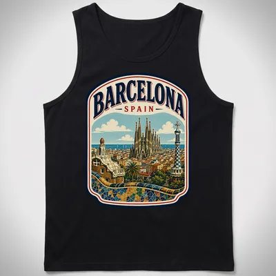 Vintage illustration of Barcelona skyline featuring Sagrada Familia in various colors — printed on a tank top