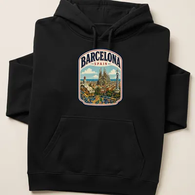 Vintage illustration of Barcelona skyline featuring Sagrada Familia in various colors — printed on a unisex hoodie