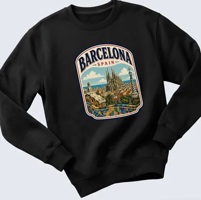 Vintage illustration of Barcelona skyline featuring Sagrada Familia in various colors — printed on a unisex sweatshirt