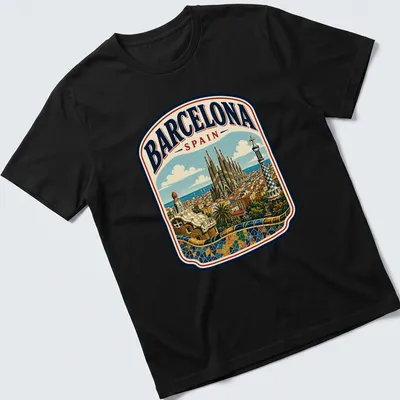 Vintage illustration of Barcelona skyline featuring Sagrada Familia in various colors