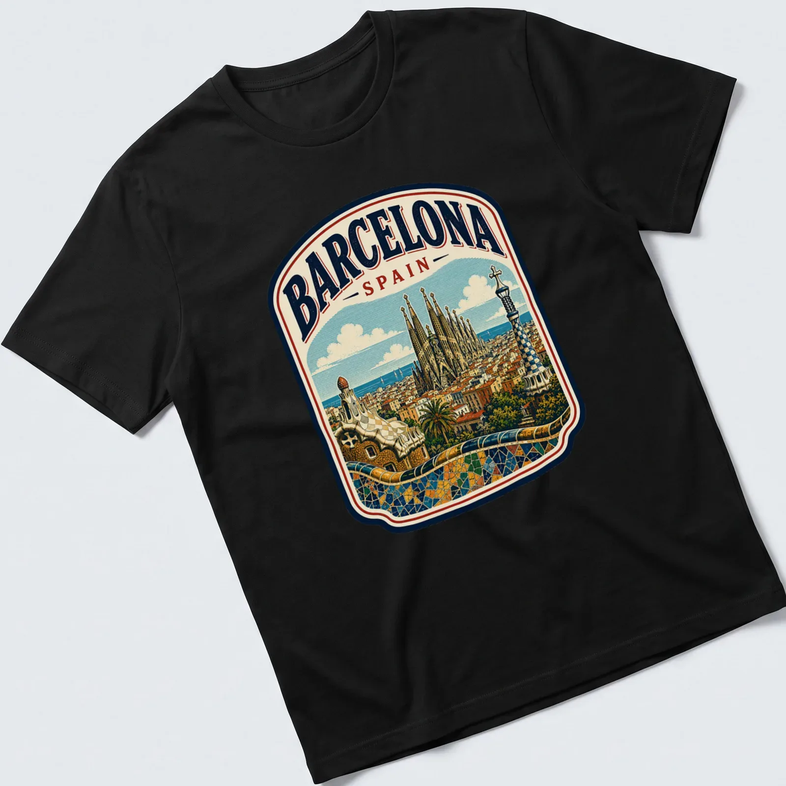 Vintage illustration of Barcelona skyline featuring Sagrada Familia in various colors — printed on a unisex t-shirt