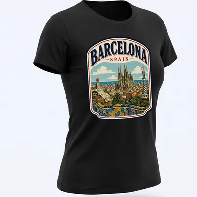 Vintage illustration of Barcelona skyline featuring Sagrada Familia in various colors — printed on a women's shirt