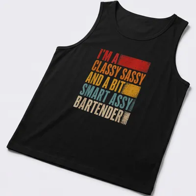 Retro distressed t-shirt featuring colorful lettering for bartenders — printed on a tank top