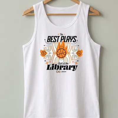 Bold graphic tee with basketball theme and motivational text about the library — printed on a tank top