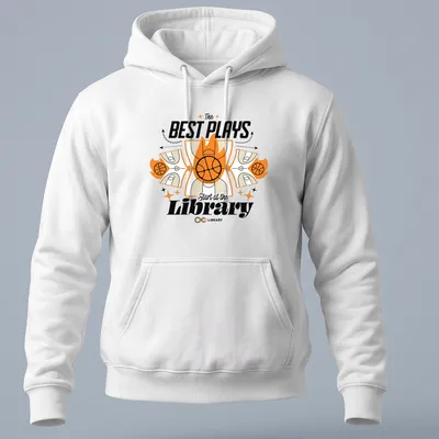 Bold graphic tee with basketball theme and motivational text about the library — printed on a unisex hoodie