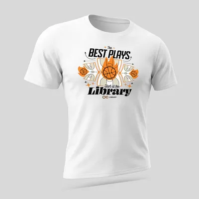 Bold graphic tee with basketball theme and motivational text about the library — printed on a unisex t-shirt (angled view)