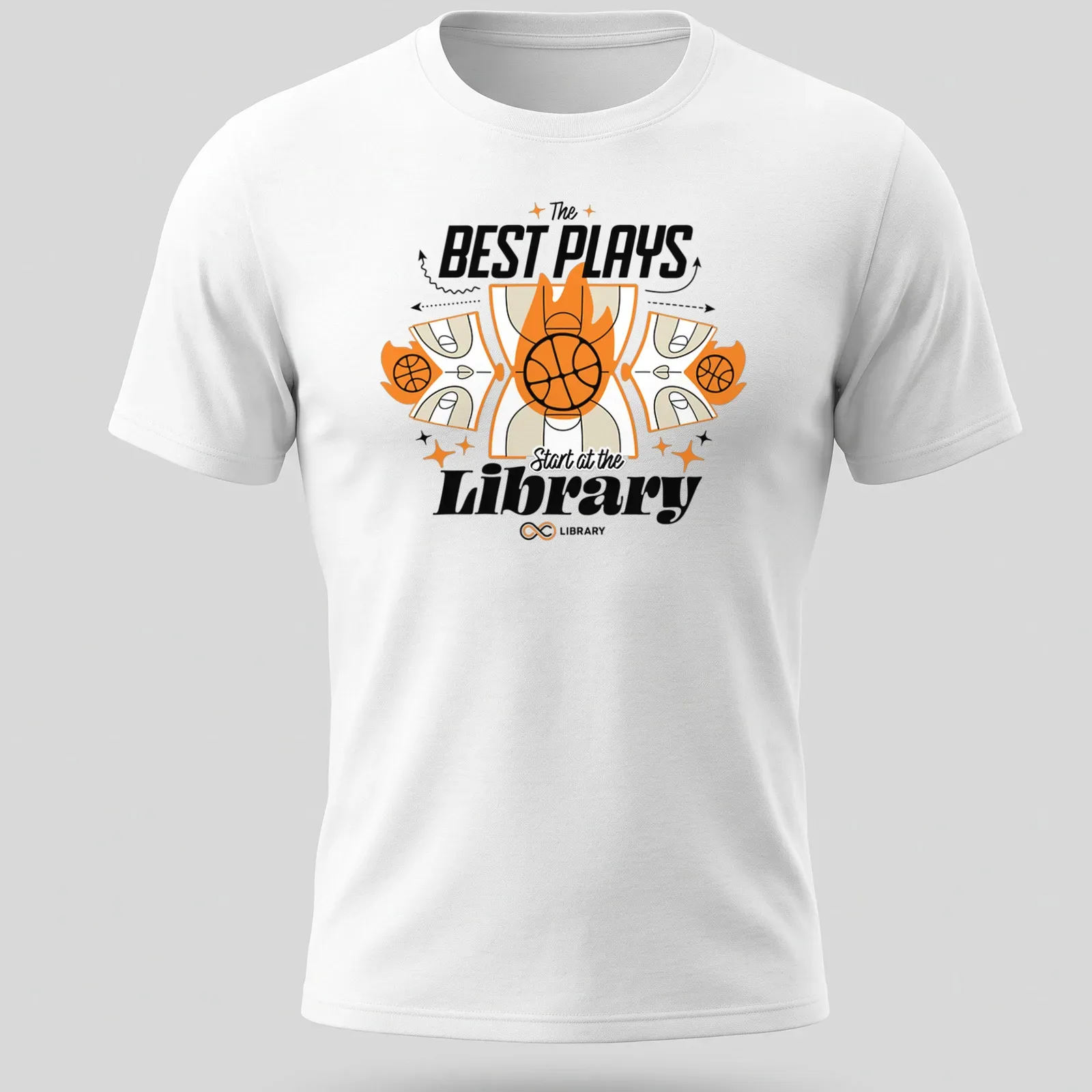 Bold graphic tee with basketball theme and motivational text about the library — printed on a unisex t-shirt