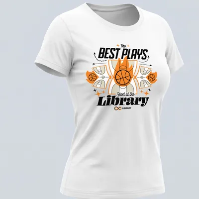 Bold graphic tee with basketball theme and motivational text about the library — printed on a women's shirt