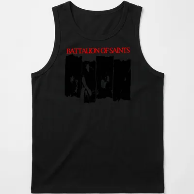 Grunge-style Battalion of Saints shirt with bold red typography. — printed on a tank top