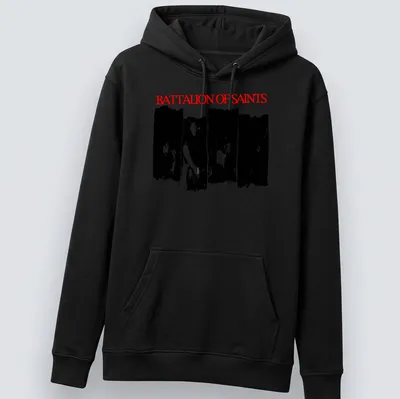 Grunge-style Battalion of Saints shirt with bold red typography. — printed on a unisex hoodie
