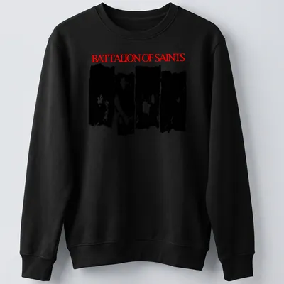 Grunge-style Battalion of Saints shirt with bold red typography. — printed on a unisex sweatshirt
