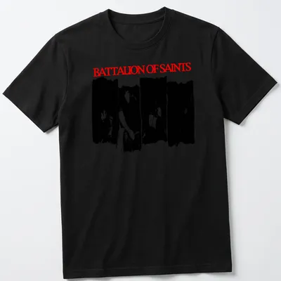 Grunge-style Battalion of Saints shirt with bold red typography.