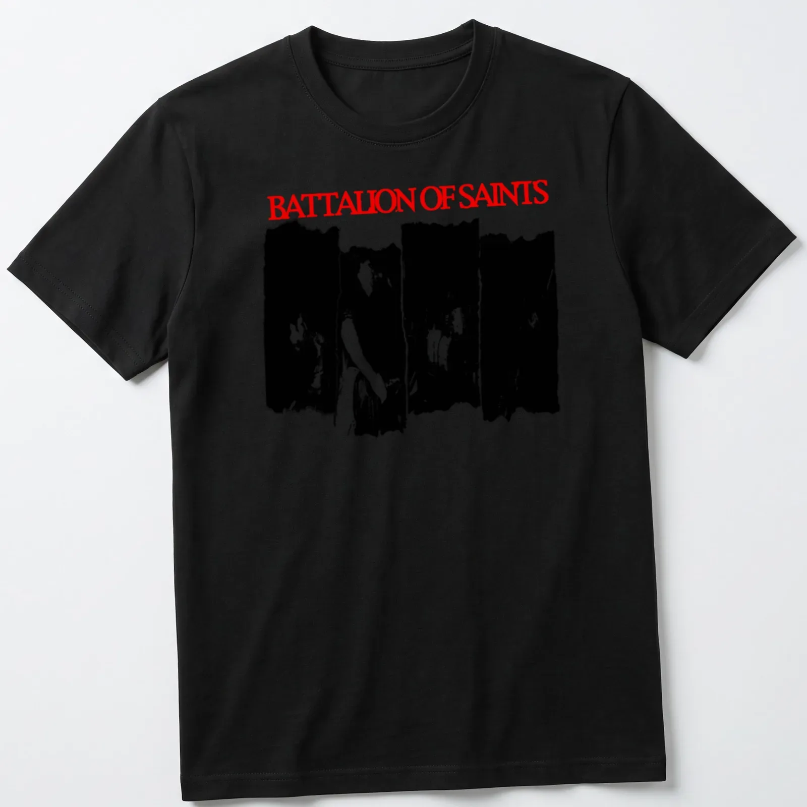 Grunge-style Battalion of Saints shirt with bold red typography. — printed on a unisex t-shirt