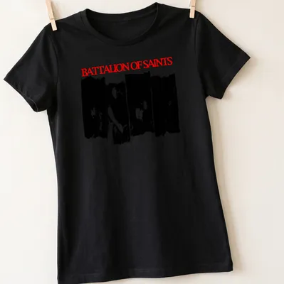 Grunge-style Battalion of Saints shirt with bold red typography. — printed on a women's shirt