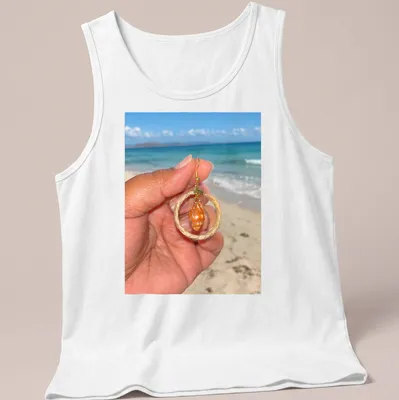 Orange shell jewelry in beach photography style with woven hoops — printed on a tank top
