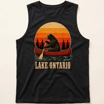 Vintage illustration of a bear canoeing with Lake Ontario text in warm colors — printed on a tank top