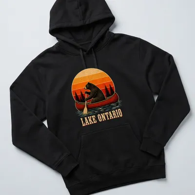 Vintage illustration of a bear canoeing with Lake Ontario text in warm colors — printed on a unisex hoodie