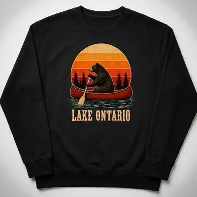Vintage illustration of a bear canoeing with Lake Ontario text in warm colors — printed on a unisex sweatshirt