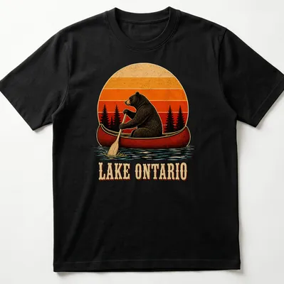Vintage illustration of a bear canoeing with Lake Ontario text in warm colors
