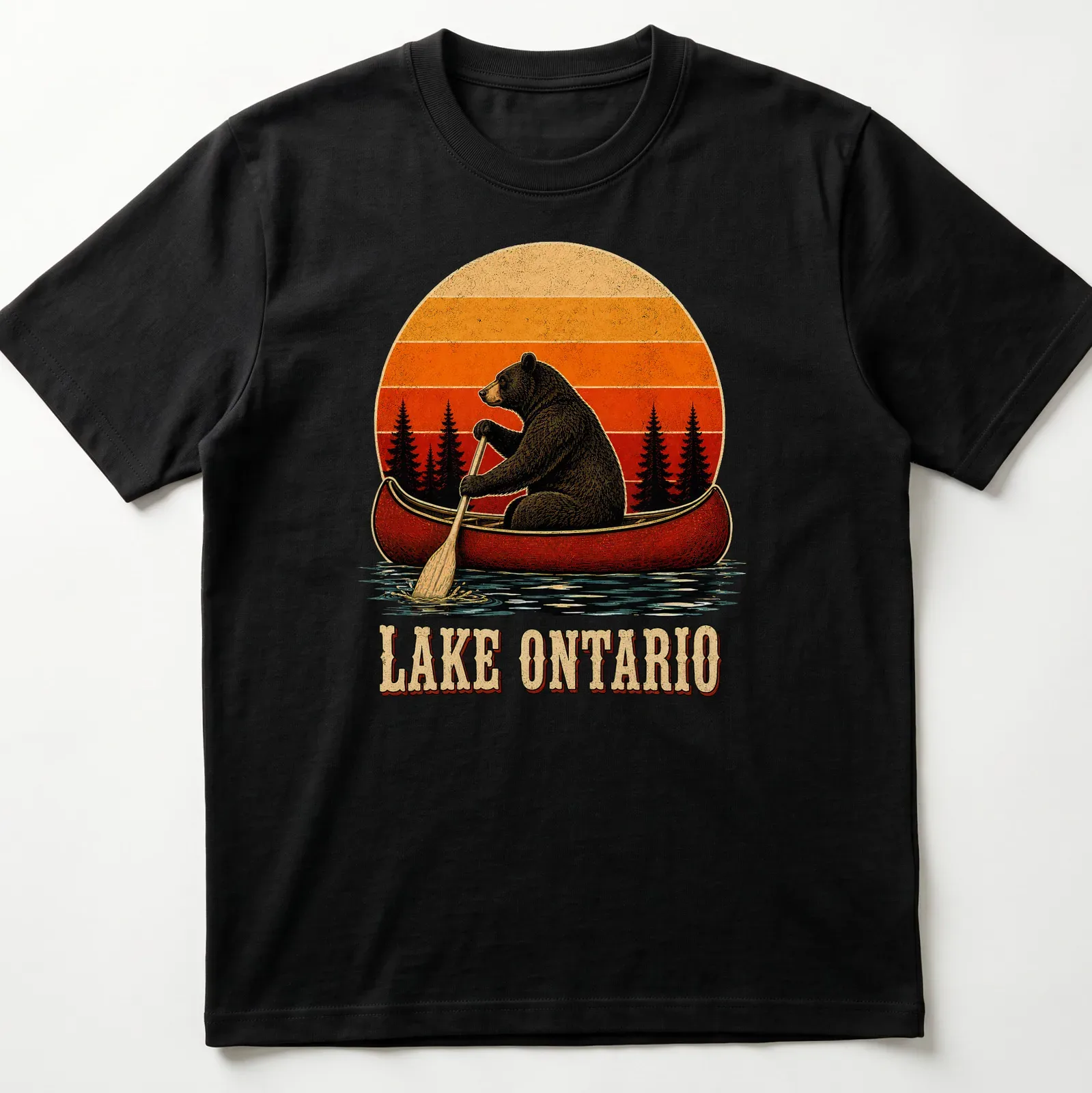 Vintage illustration of a bear canoeing with Lake Ontario text in warm colors — printed on a unisex t-shirt