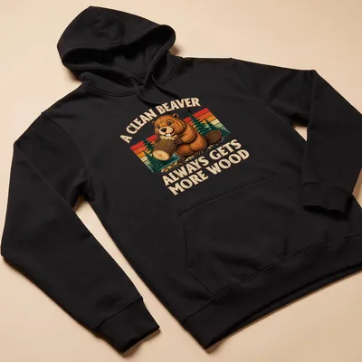 Vintage cartoon beaver graphic with humorous text on a clean — printed on a unisex hoodie