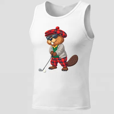 Cartoon beaver golfer in tartan swinging a golf club in vibrant colors — printed on a tank top