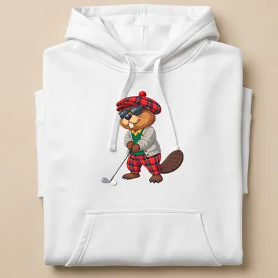 Cartoon beaver golfer in tartan swinging a golf club in vibrant colors — printed on a unisex hoodie