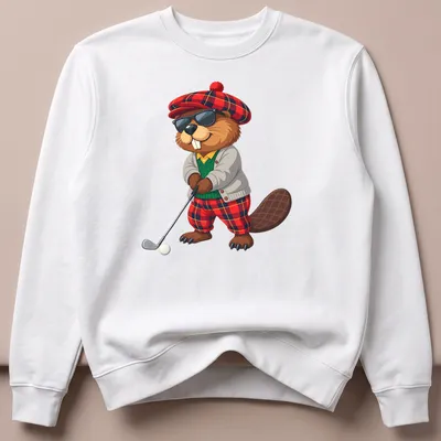 Cartoon beaver golfer in tartan swinging a golf club in vibrant colors — printed on a unisex sweatshirt