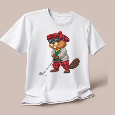 Cartoon beaver golfer in tartan swinging a golf club in vibrant colors — printed on a unisex t-shirt (angled view)