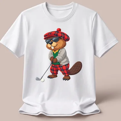 Cartoon beaver golfer in tartan swinging a golf club in vibrant colors — printed on a unisex t-shirt