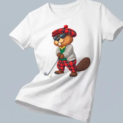 Cartoon beaver golfer in tartan swinging a golf club in vibrant colors — printed on a women's shirt