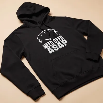 Distressed graphic tee featuring a beer gauge meter with the text Need Beer ASAP — printed on a unisex hoodie