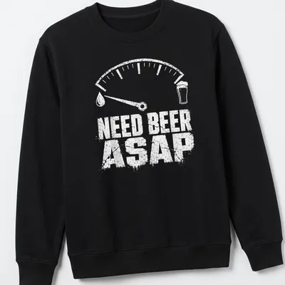 Distressed graphic tee featuring a beer gauge meter with the text Need Beer ASAP — printed on a unisex sweatshirt