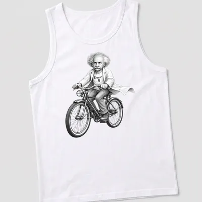 Cartoon of Einstein riding a bike with 'E=mc .5' text in black and white — printed on a tank top