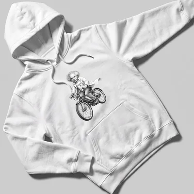 Cartoon of Einstein riding a bike with 'E=mc .5' text in black and white — printed on a unisex hoodie