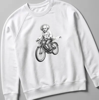Cartoon of Einstein riding a bike with 'E=mc .5' text in black and white — printed on a unisex sweatshirt