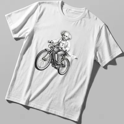 Cartoon of Einstein riding a bike with 'E=mc .5' text in black and white