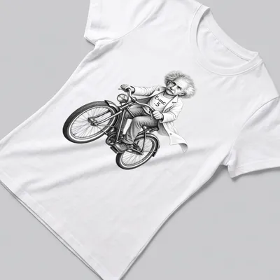 Cartoon of Einstein riding a bike with 'E=mc .5' text in black and white — printed on a women's shirt
