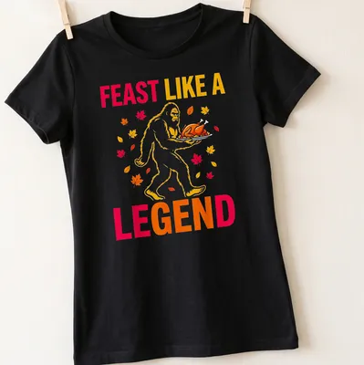 Bigfoot carrying a turkey with the text 'Feast Like A Legend' in colorful cartoon style. — printed on a women's shirt