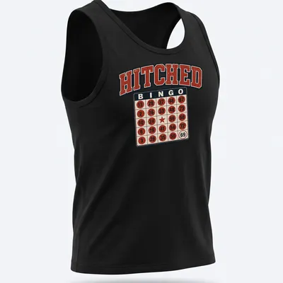 Vintage distressed Bingo Hitched t-shirt featuring a bingo card and humorous text. — printed on a tank top