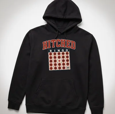 Vintage distressed Bingo Hitched t-shirt featuring a bingo card and humorous text. — printed on a unisex hoodie